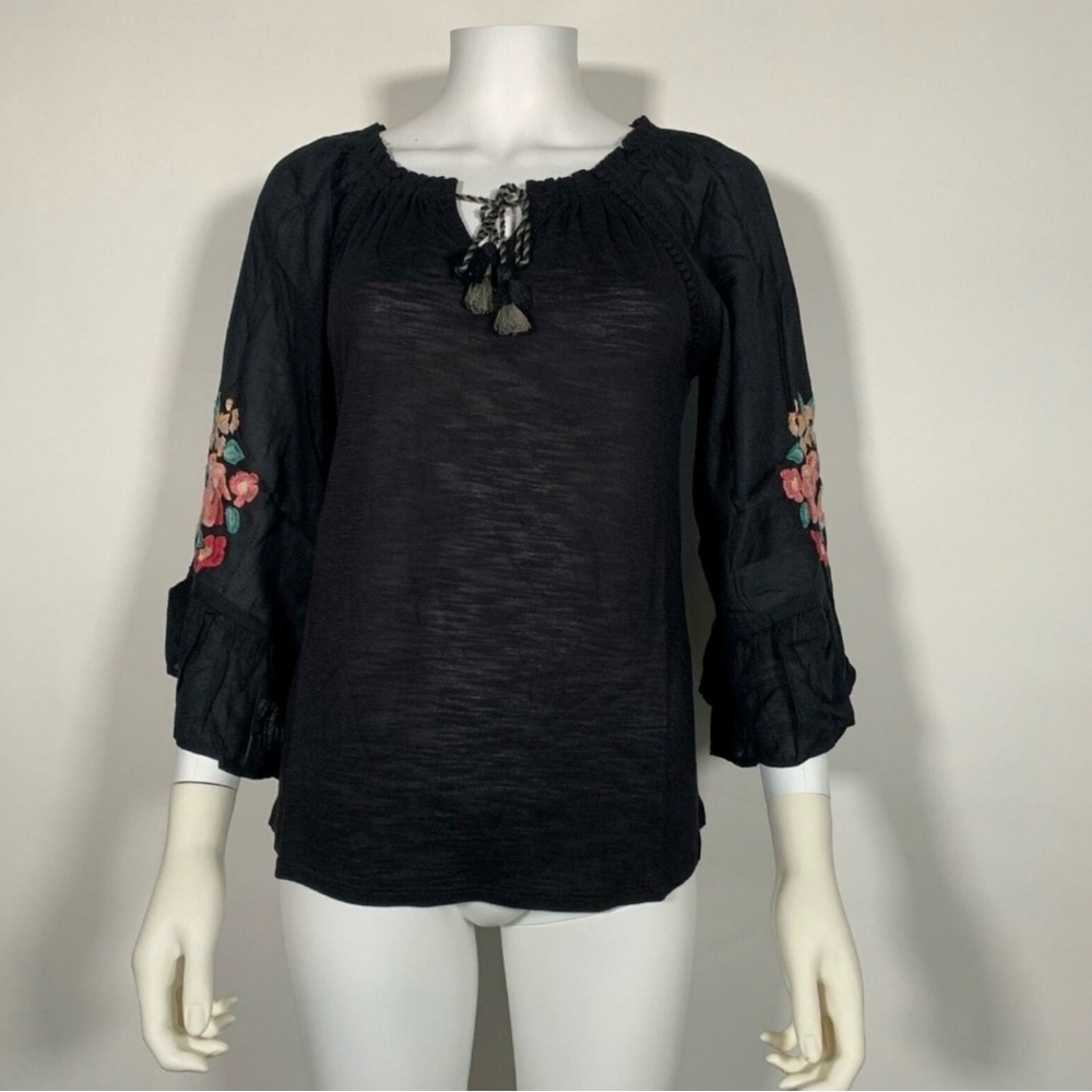 Vintage America Top Blouse Black floral Sz Medium